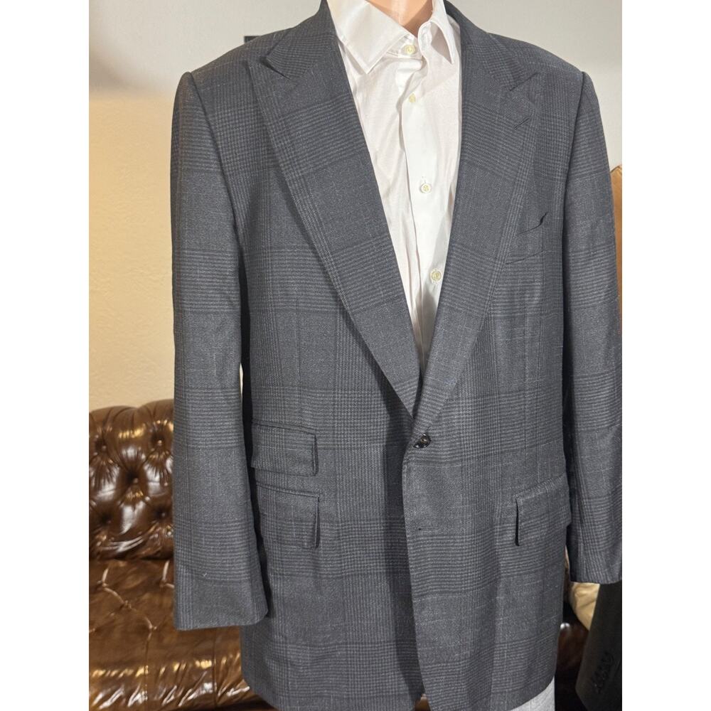 Tom Ford Shelton Flannel Tweed Plaid Charcoal Peak Lapel Blazer Sportcoat 54 44